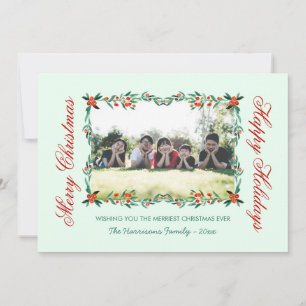 Jolly Floral Frame Christmas Photo Holiday  Card