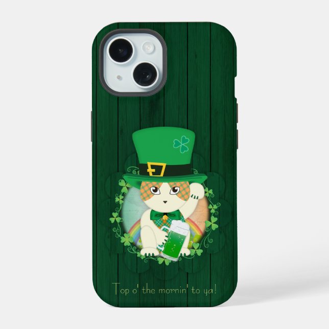 Jolly Ginger Tabby Irish Cheer iPhone 15 Case (Back)