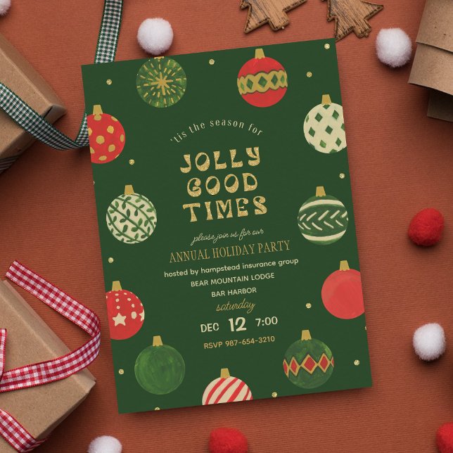 Jolly Good Times l Gold & Red Ornaments Holiday  Invitation (Creator Uploaded)