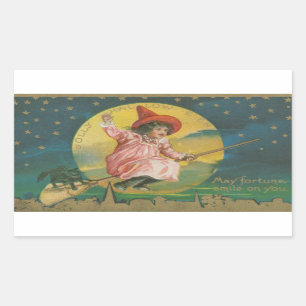 Jolly Halloween Pink Witch on Broom Vintage Rectangular Sticker