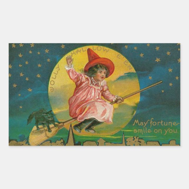 Jolly Halloween Vintage Witch Rectangular Sticker (Front)