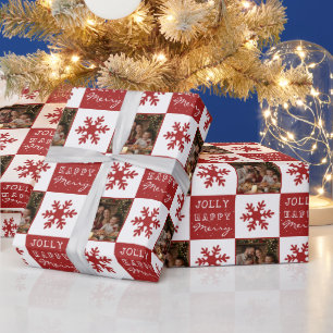 Jolly Happy Merry Red Snowflake Family Photo Wrapping Paper