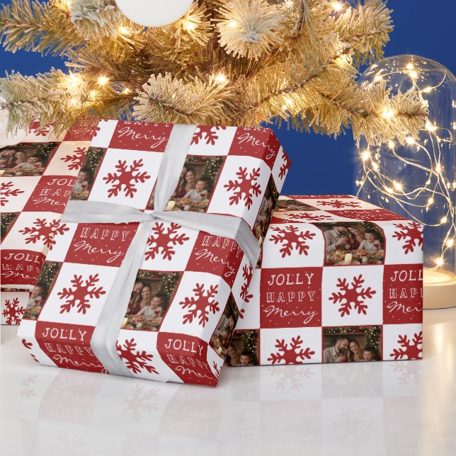 Jolly Happy Merry Red Snowflake Family Photo Wrapping Paper (Holidays)