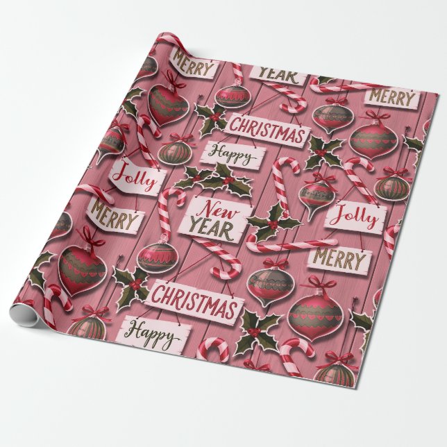 Jolly Holiday Jumble Pink Wrapping Paper (Unrolled)
