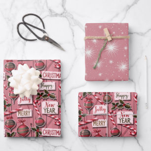 Jolly Holiday Jumble Pink Wrapping Paper Sheet