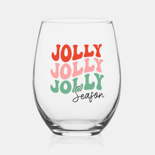 Jolly Jolly Jolly Season  Retro Holiday Typography Stemless Wine Glass