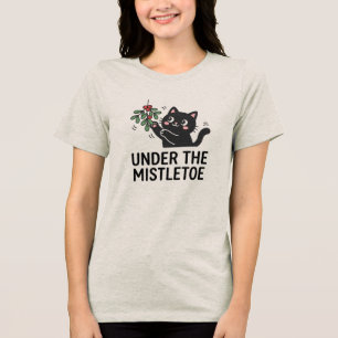 Jolly Joy Black Cat Mistletoe Cartoon T-Shirt Tri-Blend Shirt