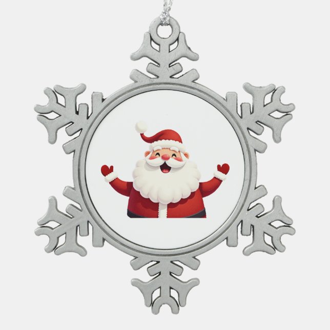 Jolly Kawaii Santa Claus Illustration Snowflake Pewter Christmas Ornament (Front)