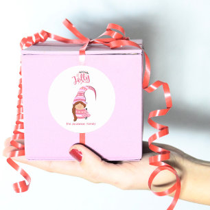 Jolly Pink Christmas Girl Gnome Family  Classic Round Sticker