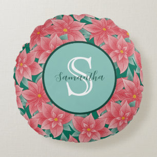 Jolly Poinsettia Personalised Monogram Round Cushion