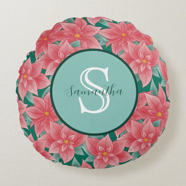 Jolly Poinsettia Personalised Monogram Round Cushion (Front)