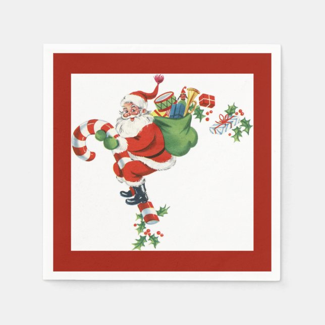 Jolly Retro Santa Riding Candy Cane Red Napkin (Front)