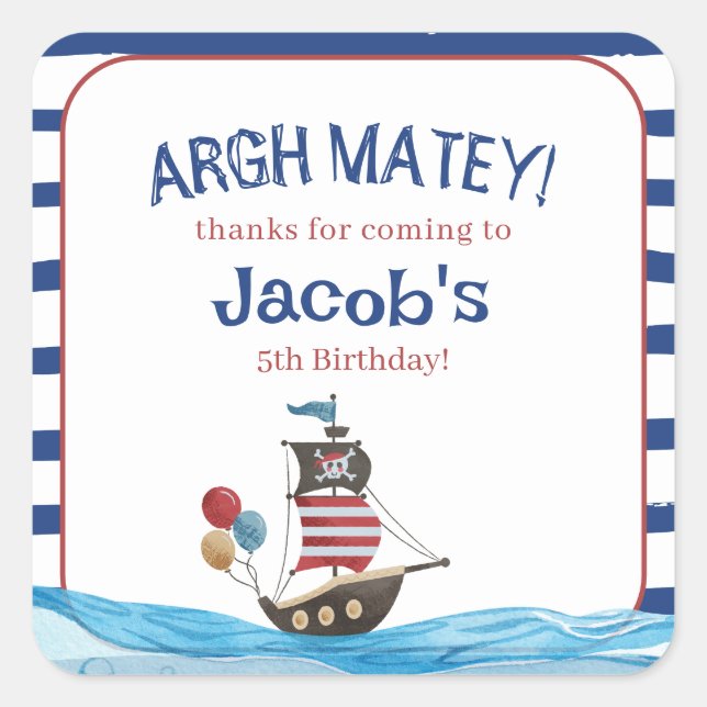 Jolly Roger Pirate Ahoy Matey Birthday Party favou Square Sticker (Front)