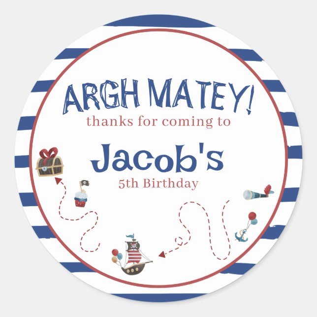Jolly Roger Pirate Birthday Party guest favour Classic Round Sticker (Front)