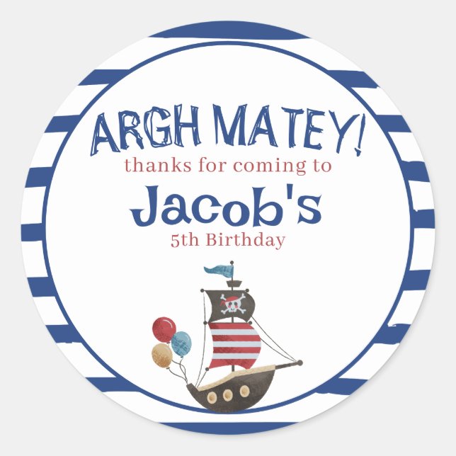 Jolly Roger Pirate Birthday Party guest favour Classic Round Sticker (Front)