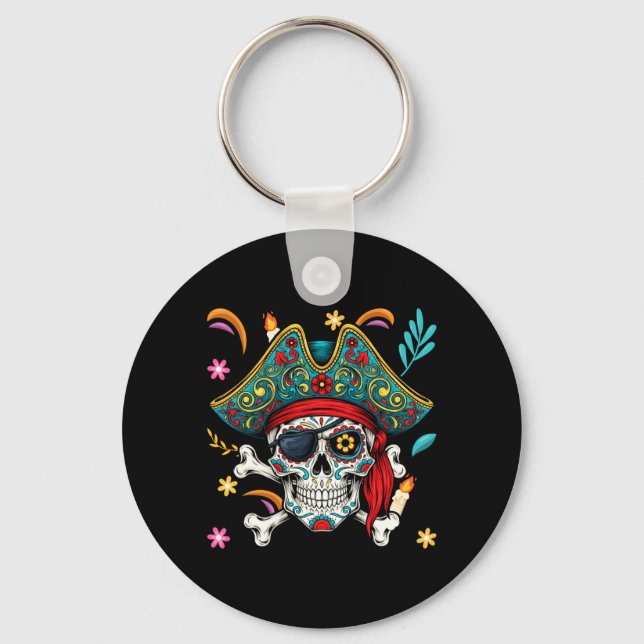 Jolly Roger Pirate Crossbone Sugar Skull Day Of Key Ring (Front)