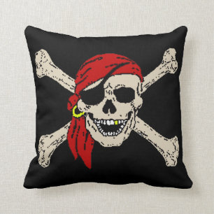 Jolly Roger Pirate Skull Bones Red Bandanna Cushion