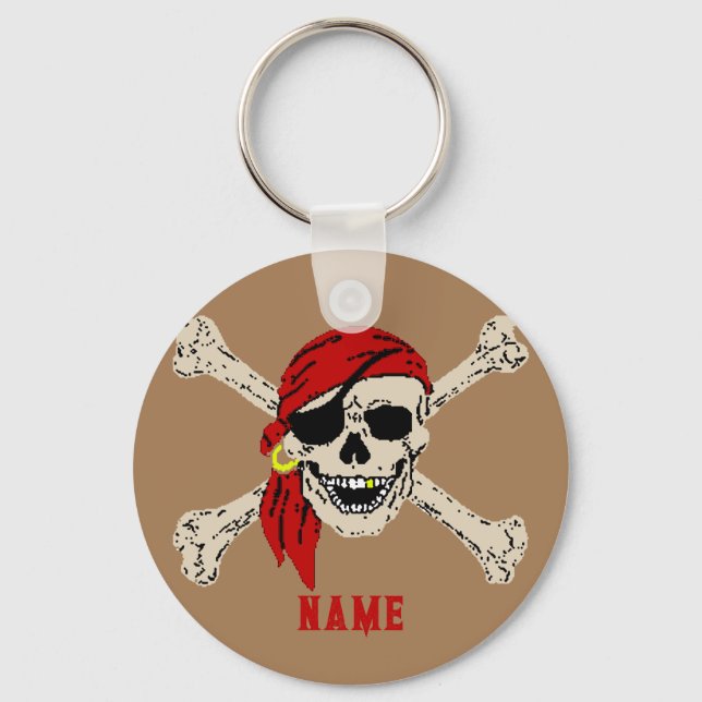 Jolly Roger Pirate Skull Bones Red Bandanna Keycha Key Ring (Front)