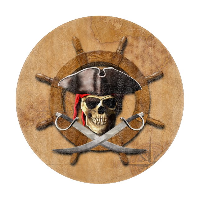 Jolly Roger Pirate Wheel Cutting Board (Front)