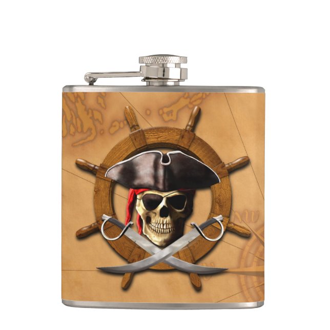 Jolly Roger Pirate Wheel Hip Flask (Front)