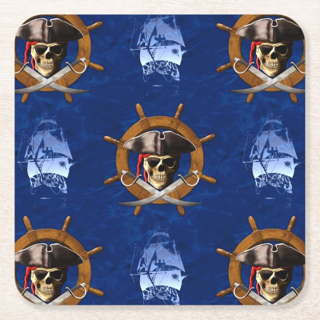 Jolly Roger Pirate Wheel Square Paper Coaster (Front)