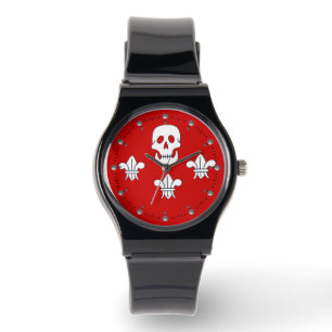 JOLLY ROGER SKULL AND THREE LILIES FLAG,Red Watch