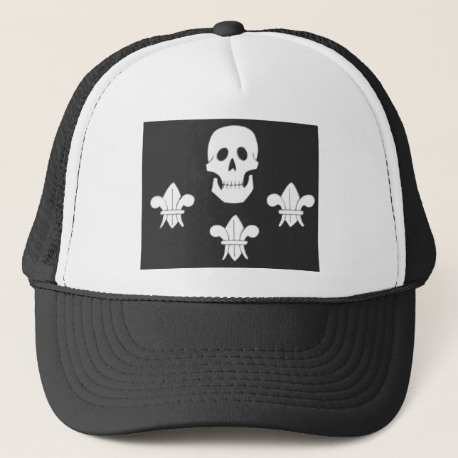 JOLLY ROGER SKULL AND THREE LILIES FLAG TRUCKER HAT (Front)