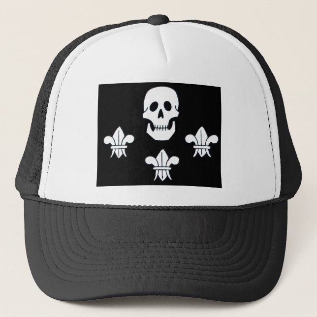 JOLLY ROGER SKULL AND THREE LILIES FLAG TRUCKER HAT (Front)
