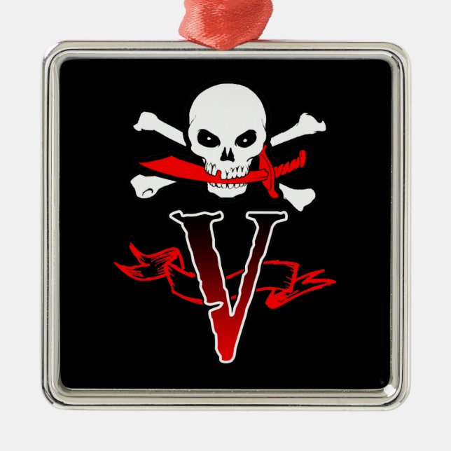 Jolly Roger V Monogram Initial Metal Tree Decoration (Front)