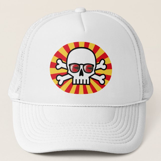 Jolly Roger wearing red sunglasses Trucker Hat (Front)
