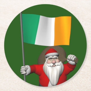 Jolly Saint Nicholas With Flag Of Ireland Round Paper Coaster