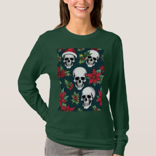 Jolly Santa Christmas Skulls With Poinsettias T-Shirt