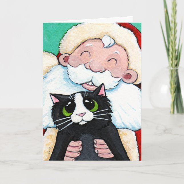 Jolly Santa Claus and Black Cat Christmas Card (Front)