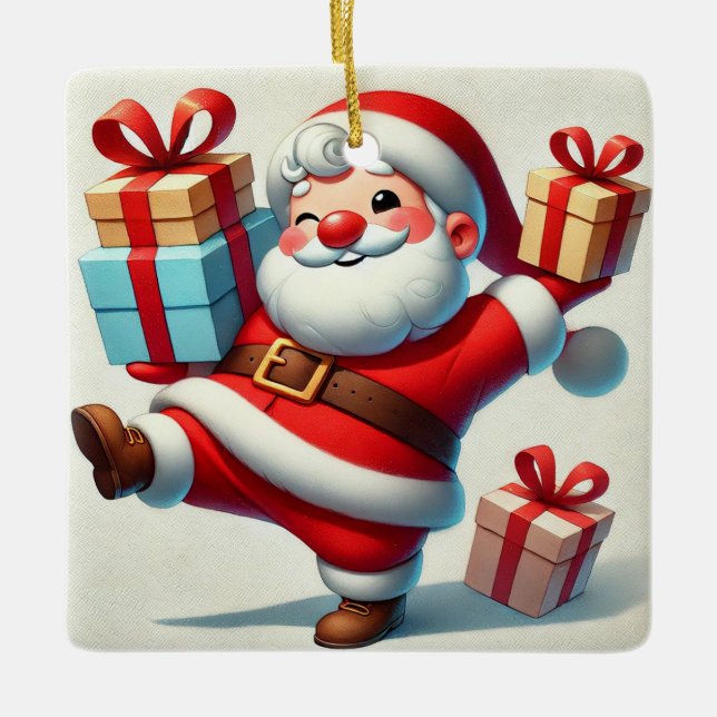 Jolly Santa Claus Holding Gift Boxes Ceramic Ornament (Front)