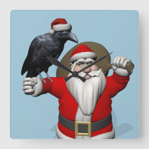 Jolly Santa Claus Loves Black Ravens Square Wall Clock