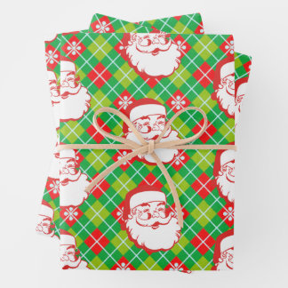 Jolly Santa Claus on Plaid  Wrapping Paper Sheet