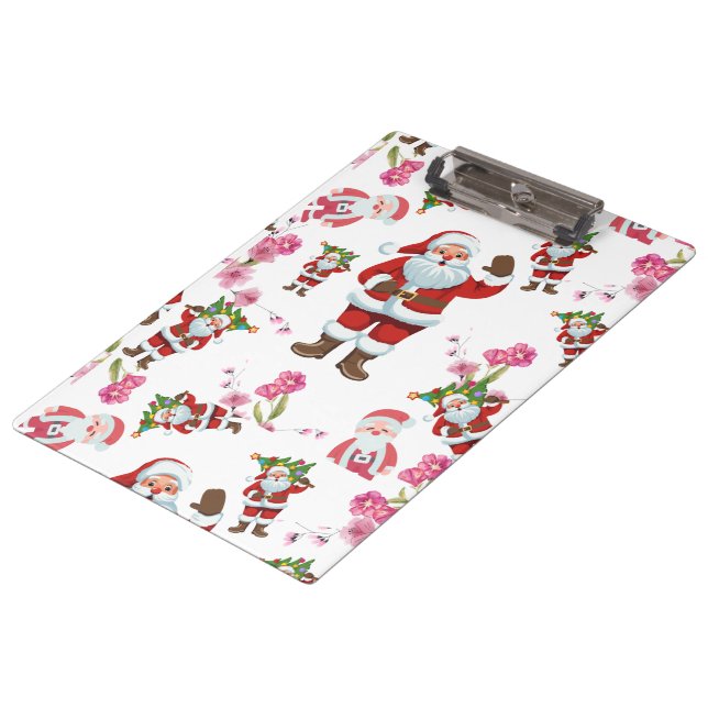 Jolly Santa Claus & Pink Floral Christmas  Clipboard (Angled)