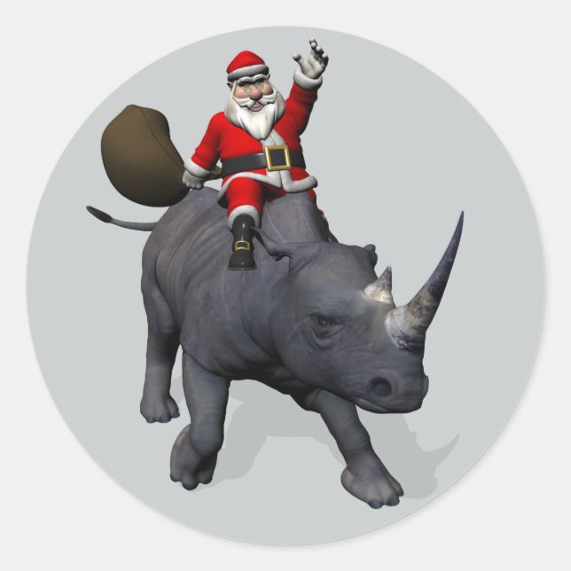 Jolly Santa Claus Riding An Rhino Classic Round Sticker (Front)