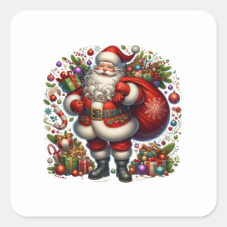 Jolly Santa Claus Surrounded by Gifts Square Sticker