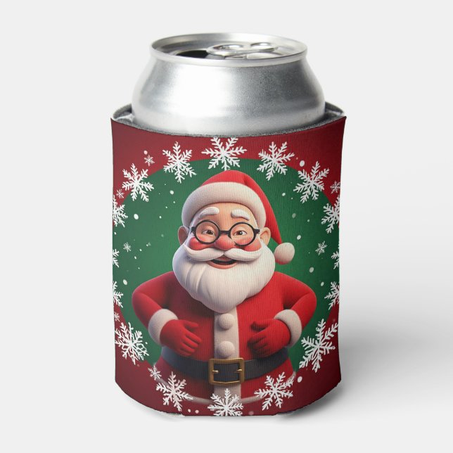 Jolly Santa Claus Surrounded by Snowflakes Can Cooler (Can Front)