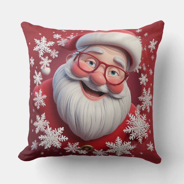Jolly Santa Claus Surrounded by Snowflakes Cushion (Front)