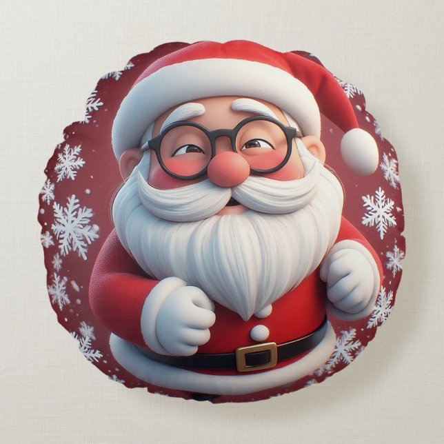Jolly Santa Claus Surrounded by Snowflakes Round Cushion (Front)