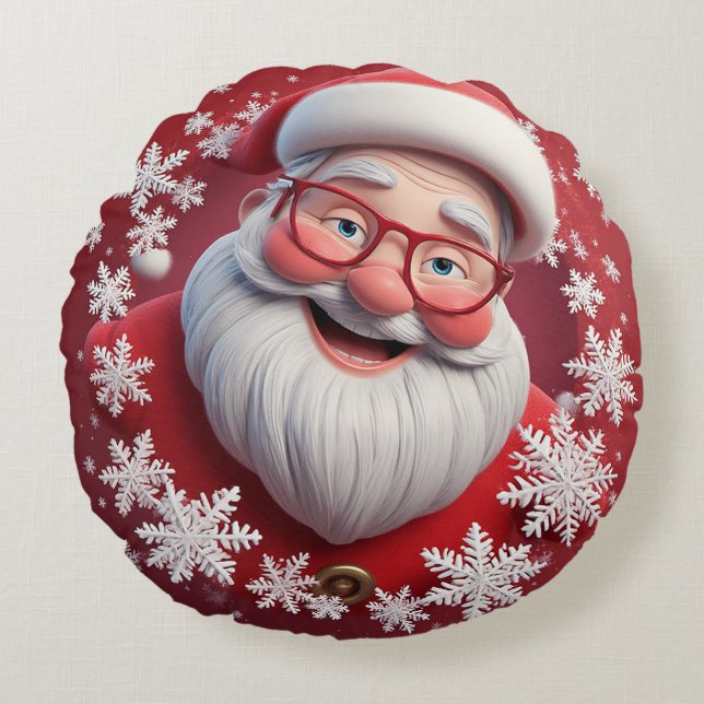 Jolly Santa Claus Surrounded by Snowflakes Round Cushion (Front)