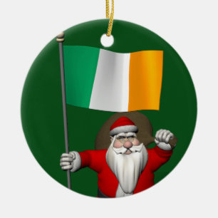 Jolly Santa Claus With Ensign Of Ireland Ceramic Tree Decoration