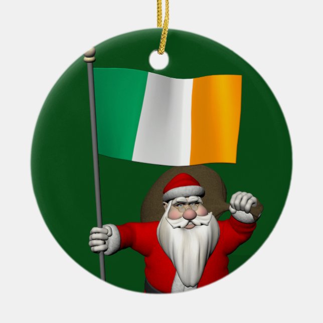 Jolly Santa Claus With Ensign Of Ireland Ceramic Tree Decoration (Front)