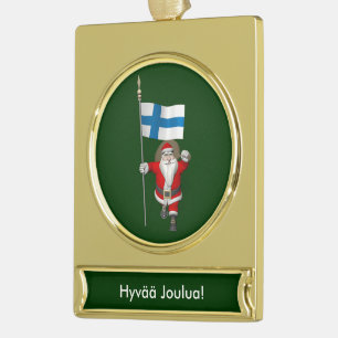 Jolly Santa Claus With Flag Of Finland Gold Plated Banner Ornament