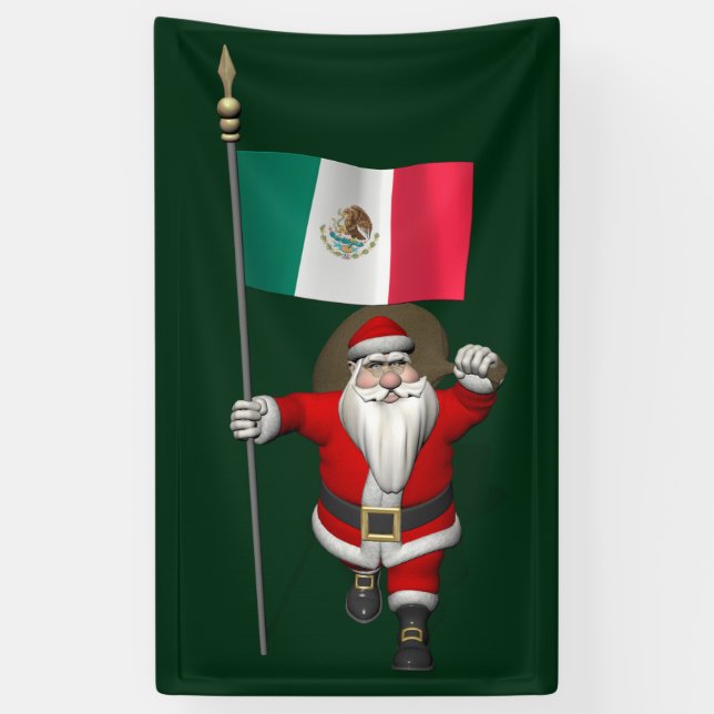 Jolly Santa Claus With Flag Of Mexico Banner (Vertical)
