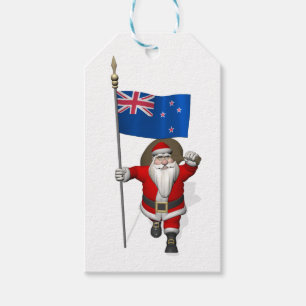 Jolly Santa Claus With Flag Of New Zealand Gift Tags