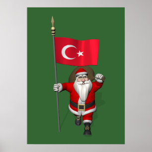 Jolly Santa Claus With Flag Of Turkey Poster