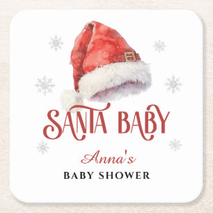 Jolly Santa Hat Baby Shower guest drinks bar Square Paper Coaster